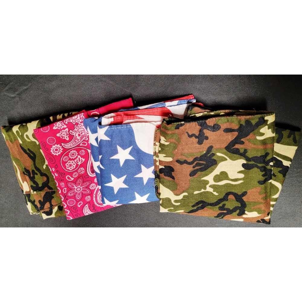 Set of 4 Cotton Bandanas - Red Paisley, USA Flag, Camo for Bikers, 22"